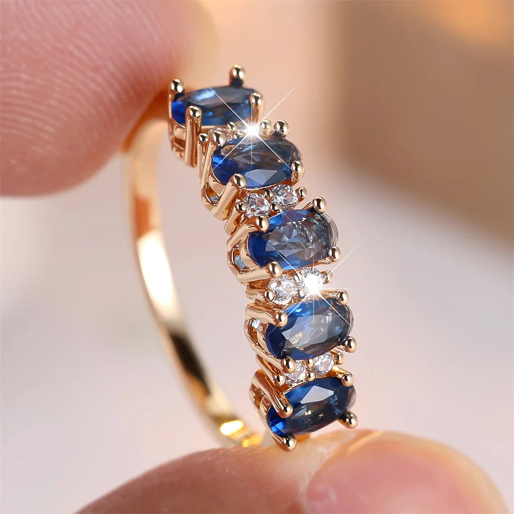 Single Row Blue Crystal Cute Oval Stone Rings For Women Vintage Gold Color Engagement Ring Wedding Jewelry Bridal Birthday Gifts