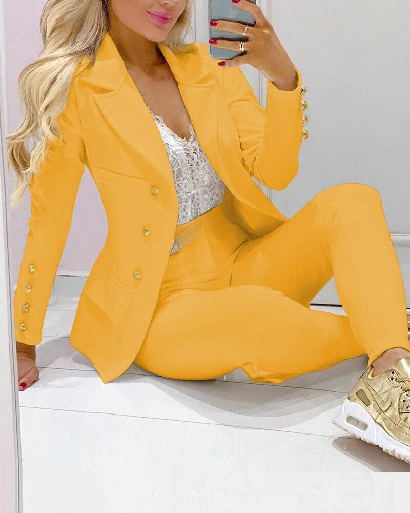 Women Two Pieces Pant Sets Formal Business Double Breasted Blazers Jacket Pants 2 Piece Set Elegant Ladies Suits Office Lady