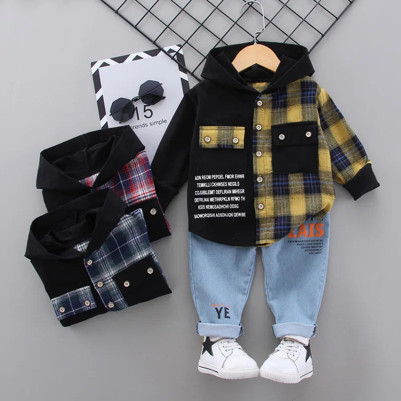 Baby Boy Clothes 0-5 Years Old Spring And Autumn Cotton Suit Boy Letter Plaid Hooded Shirt + Pants Baby Boy Two-Piece Suit