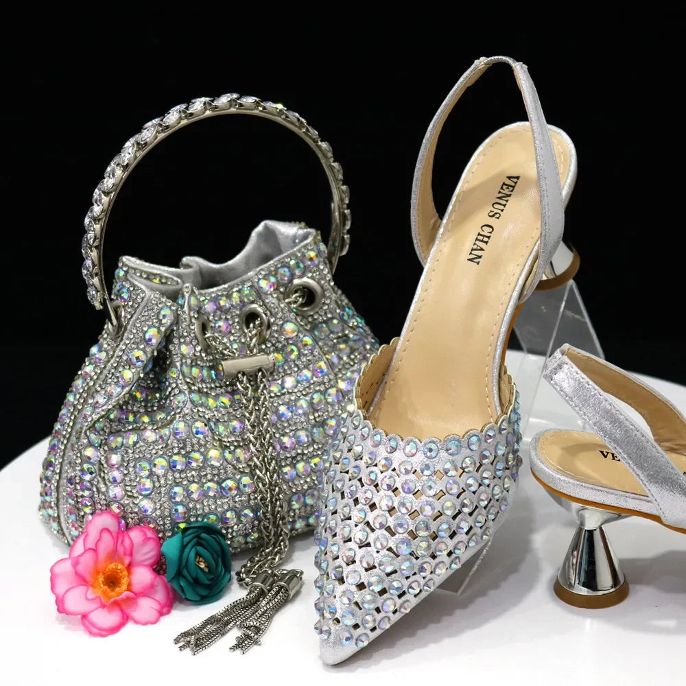 Venus Chan Pointed Toe Heels for Women 2023 Elegant Party Wine Color Full Diamond Pumps Italian Shoes and Bags Matching Set