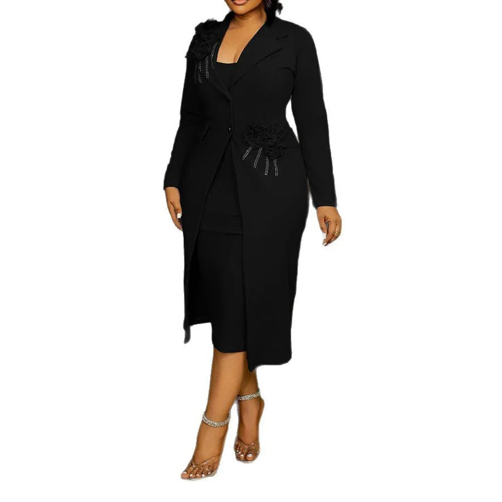 Women Dress 2 Piece Blazer Set Elegant Rhinestone 3D Flower Long Sleeve Coat Bodycon Midi Slip Dress Church Suit for Office Wear