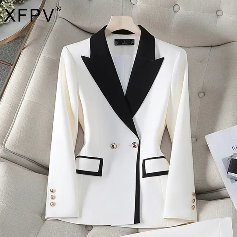 XFPV Office Lady Women Long Sleeves Blazer 2025 Autumn New Contrast Color Double Breasted Notched Loose Blazers Coat Autumn New
