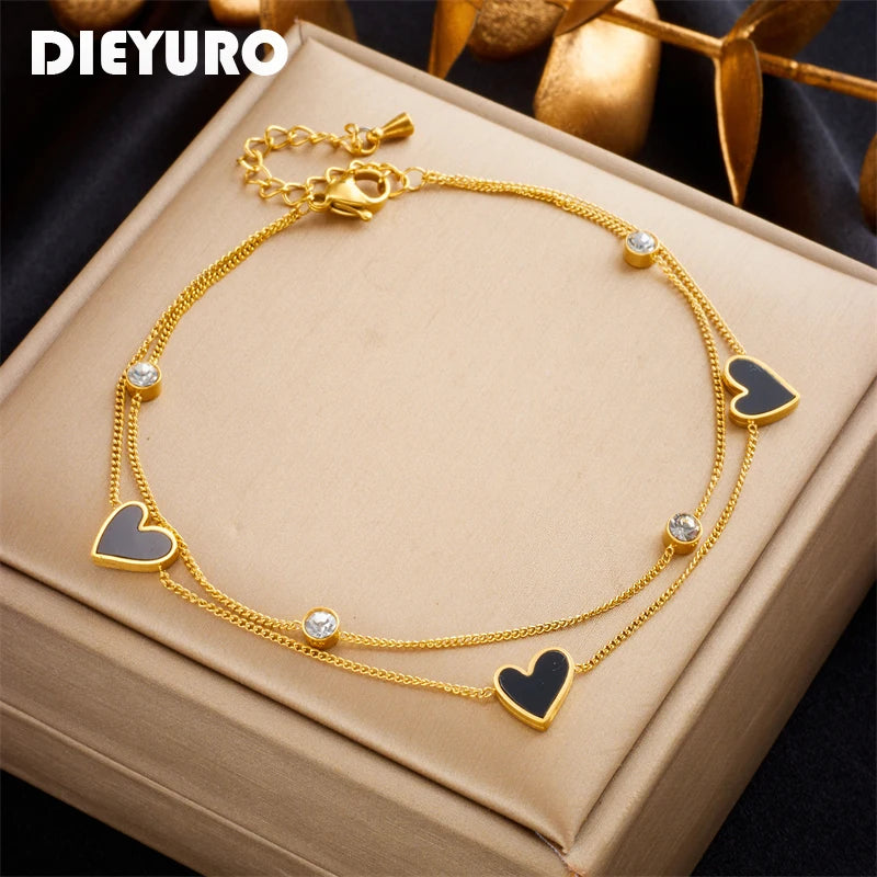 DIEYURO 316L Stainless Steel Heart Love Anklets For Women Girl New Trend Multi-layer Leg Chain Non-fading Jewelry Gift Party
