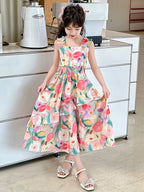 Girls Princess Dress Summer New Children's Puff Sleeve Long Dress Sweet Print Loose Kids Wear 6 8 10 12 14 Years Teens Clothes