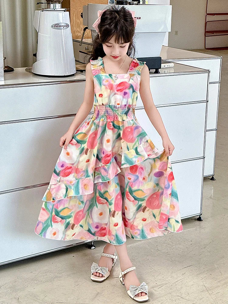 Girls Princess Dress Summer New Children's Puff Sleeve Long Dress Sweet Print Loose Kids Wear 6 8 10 12 14 Years Teens Clothes