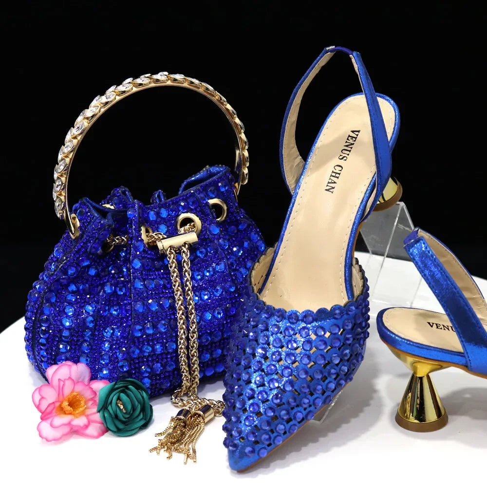 Venus Chan Pointed Toe Heels for Women 2023 Elegant Party Wine Color Full Diamond Pumps Italian Shoes and Bags Matching Set