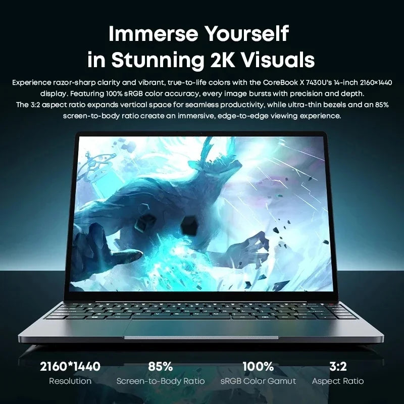 CHUWI CoreBook X Gaming Laptop 14.1 inch 2K IPS Screen AMD R5-7430U 16GB DDR4 RAM 512GB SSD Windows 11 Wifi6 Notebook Computer