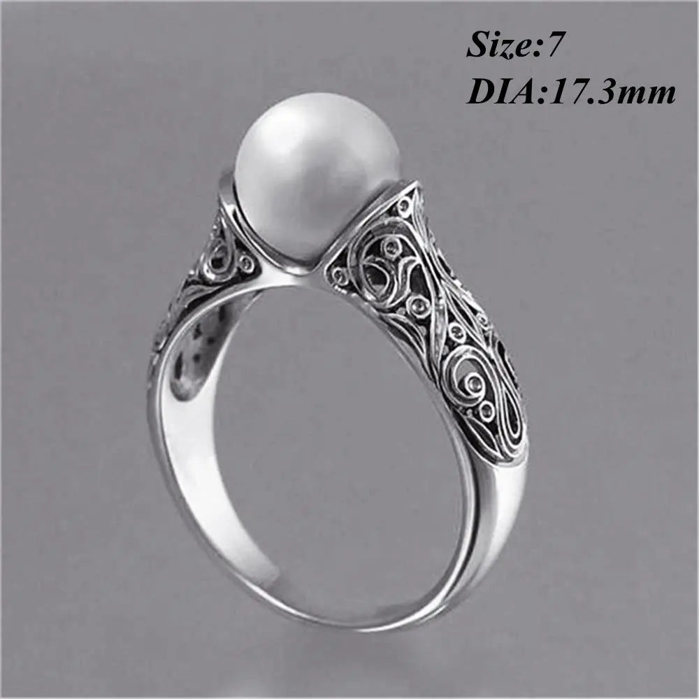Charm Gift Vintage Carved White Pearl Ring Jewelry Yellow Gold Plated 14K