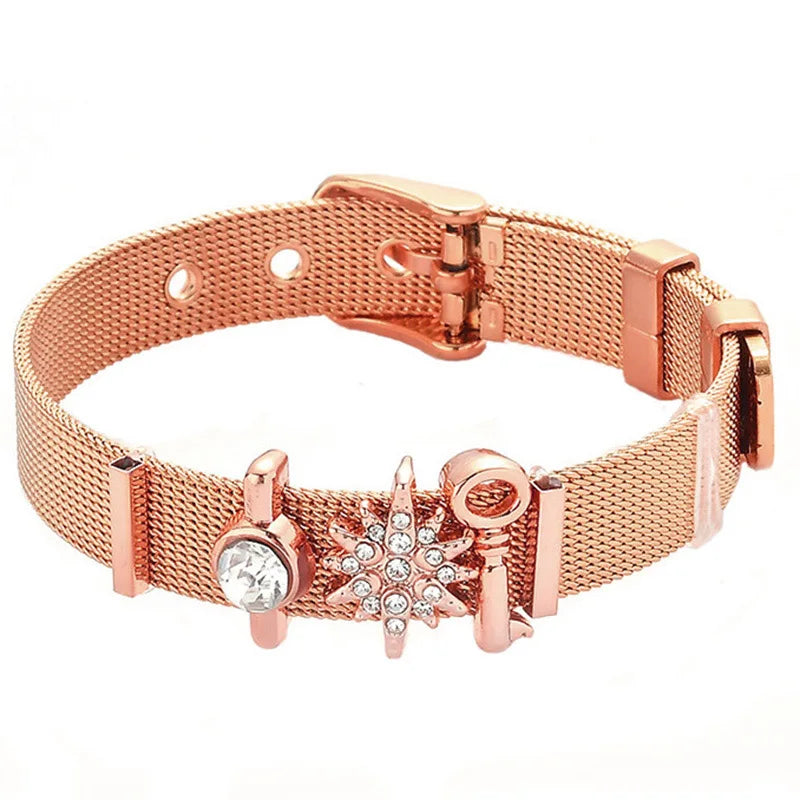 Fashion Stainless Steel For Woman Men Bracelet Mesh Bracelet Set Crystal Heart Anchor Charm Fine Bracelet Bangle Female Lover