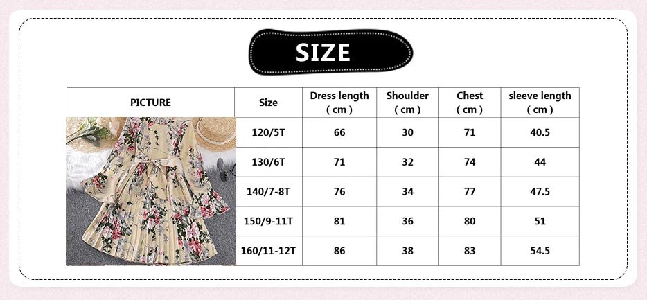 Dress Kids Girls 5-12 Years Cream-Coloured Printed Long-Sleeved Pleated Dress For Girls Summer Princess Baby Girl Dress