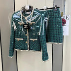 Women Tweed Jacquard Fragrant Suit Jacket Coat Top And Skirt Two Piece Set Elegant Chic Outfit Winter Workwear Party Clothing