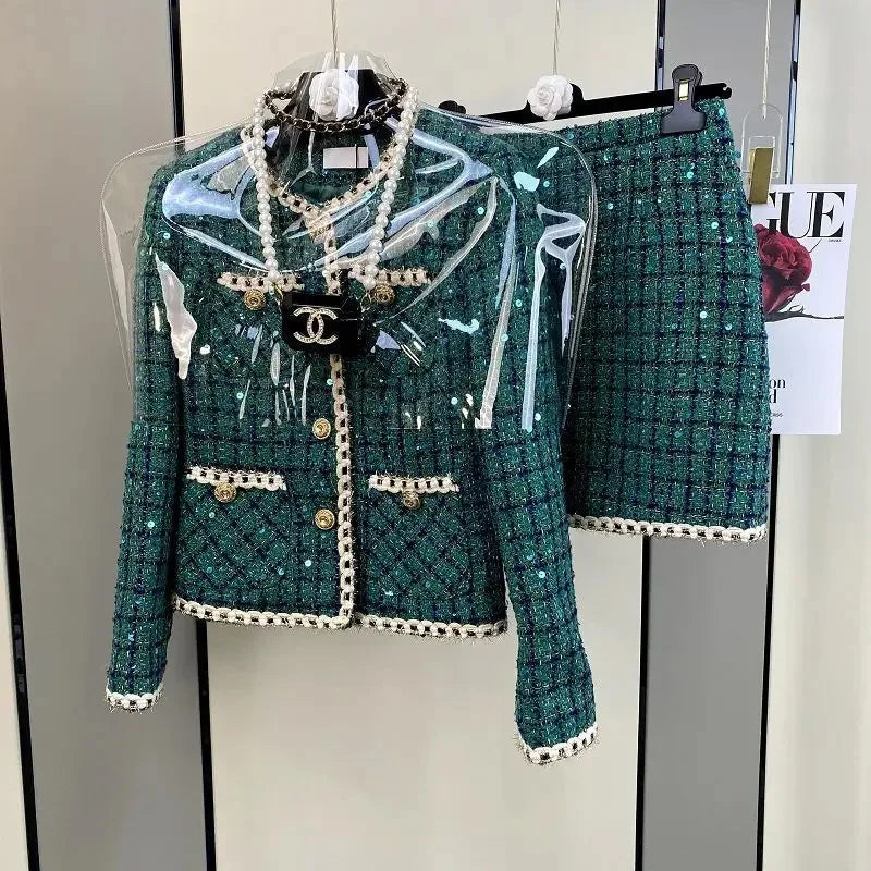 Women Tweed Jacquard Fragrant Suit Jacket Coat Top And Skirt Two Piece Set Elegant Chic Outfit Winter Workwear Party Clothing