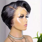 Human Hair Wig with a Pixie Cut, Featuring a 13X4 Lace Front, Designed for Women, with 150% Density in Natural Black