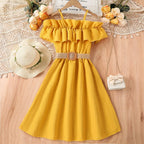 Prowow Girls Party Dresses With Belt 2pcs Trendy Ruffles Off Shoulder Dress For Girls Kids Clothes Teenagers Dresses Girls