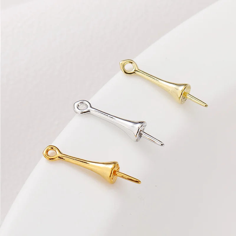 Gold Plated Brass Long Eye Pin Peg Bail with 6mm Bead Cap and Peg Pendant Bail,For Half Drilled Pearls,Earring Jewelry Making