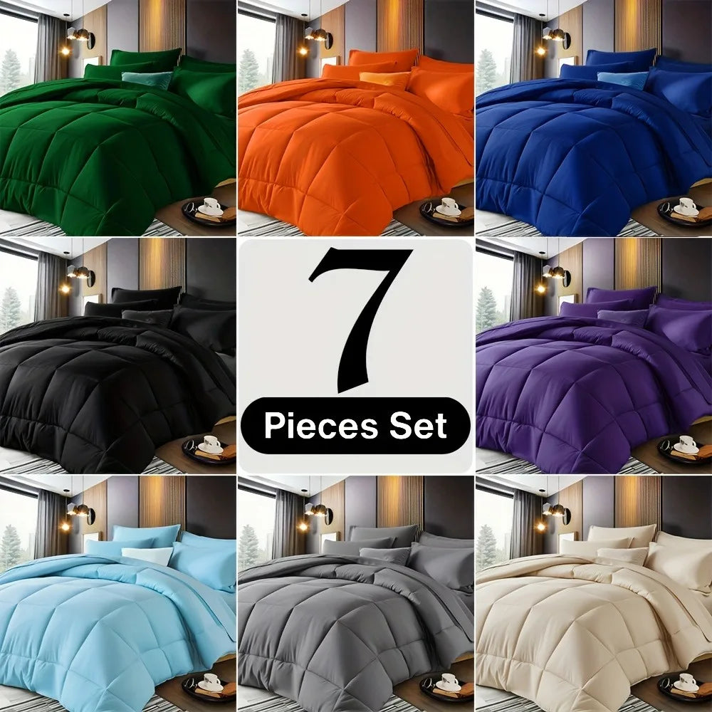 chadly 5/7pcs Quilts Luxurious Checkered Comforter, Soft Microfiber, Breathable, Easy Care for All Seasons, Bedding Set