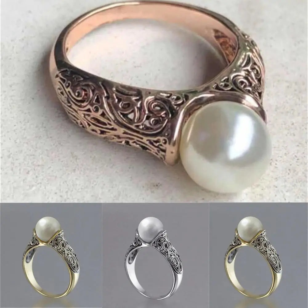 Charm Gift Vintage Carved White Pearl Ring Jewelry Yellow Gold Plated 14K