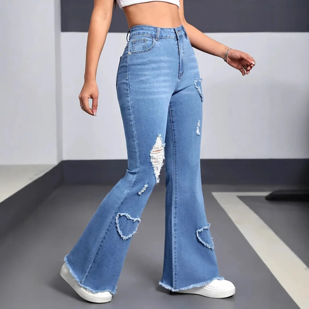 2026 Spring New Arrival Women's Pink Jeans, Blue Heart-Pattern Decorated Stretch Denim Trousers, Fashionable Flared Long Pants.