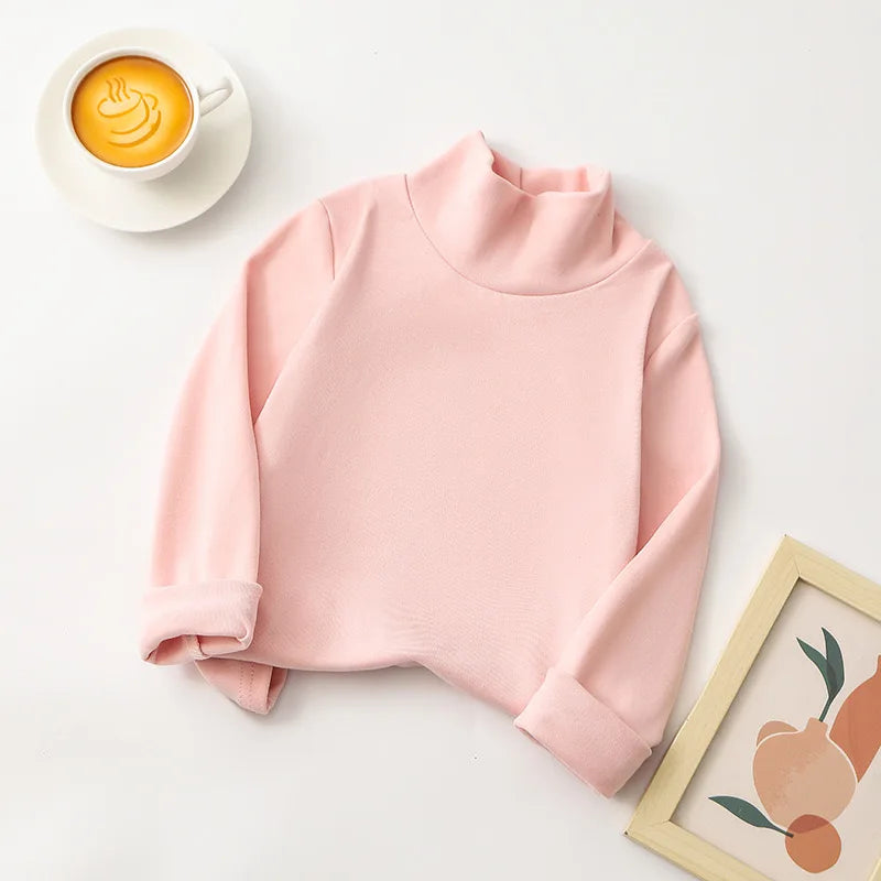 1pcs Children T-Shirt Cute Cartoon Solid Top Baby Korean Clothing Kids Half High Collar Long Sleeve Base Shirt Girls Boys Tshirt
