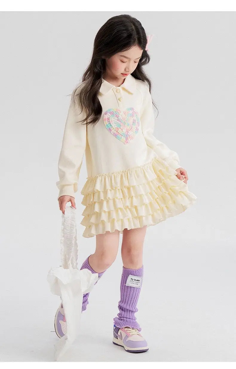 2025 New Autumn heart Teens Girls Cloth long sleeve T-Shirt Pleated splicing princess dress Children Tiered Skirt 5 12 14 year