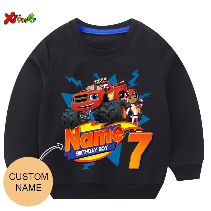 Children Clothes for Boys Sweatshirt Personalized Name Birthday Blaze Shirt Long T Shirt Girl Clothing Kids Toddler Fall Hoodie