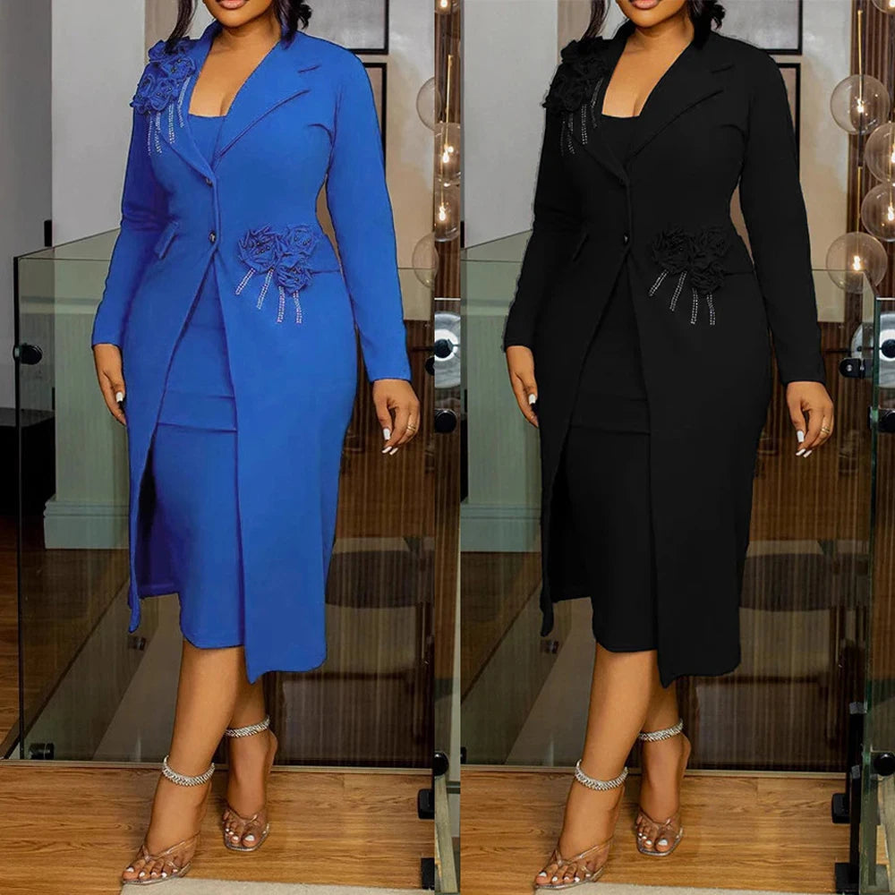 Women Dress 2 Piece Blazer Set Elegant Rhinestone 3D Flower Long Sleeve Coat Bodycon Midi Slip Dress Church Suit for Office Wear