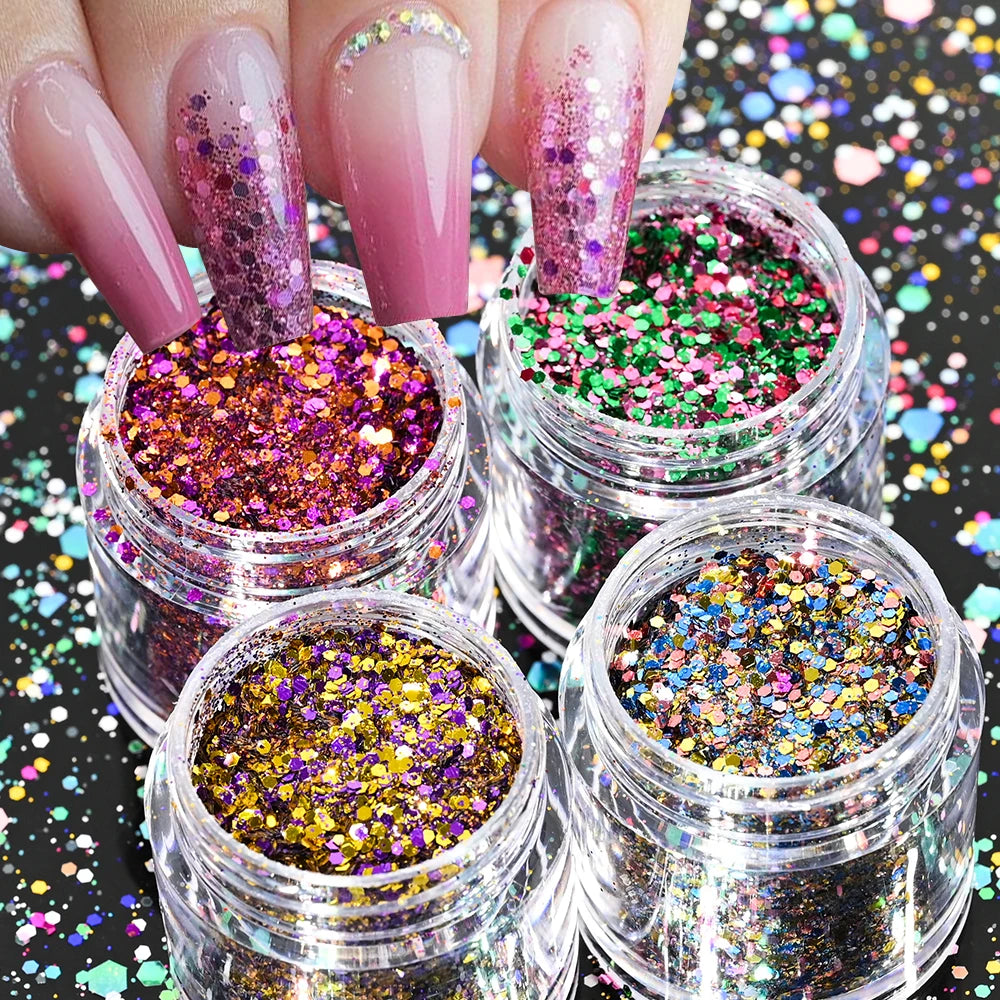 Holographic Glitter set 4 different shines Nail Sequins 10 grams each jar Holographic Cosmetic Festival Chunky Glitters Sequins