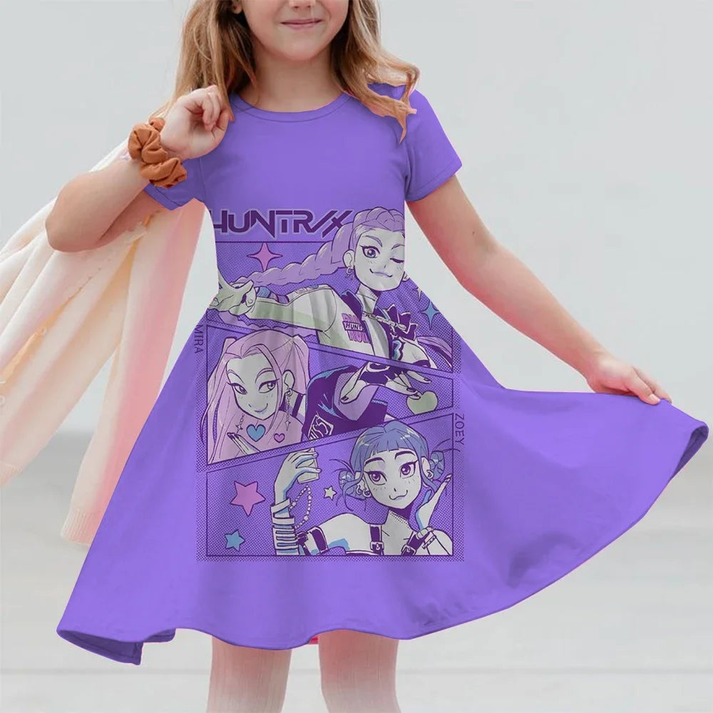Girls Dresses Summer Casual Kids Dress For Girls KPop Demon Hunters Huntrix Toddlers Clothes Children Dress 3-14