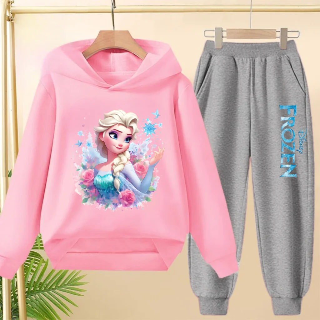 kids Kawaii Elsa Anima Film Pink Hoodies Boys Girls Casual Sweatshirt+Pants 3-12 Years Fashion Top Tracksuit Frozen Set Clothing