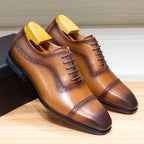 Elegant Men Oxford Shoes Brogue Genuine Leather Black Brown Classic Cap Toe Lace Up Formal Shoes Wedding Office Men Dress Shoes