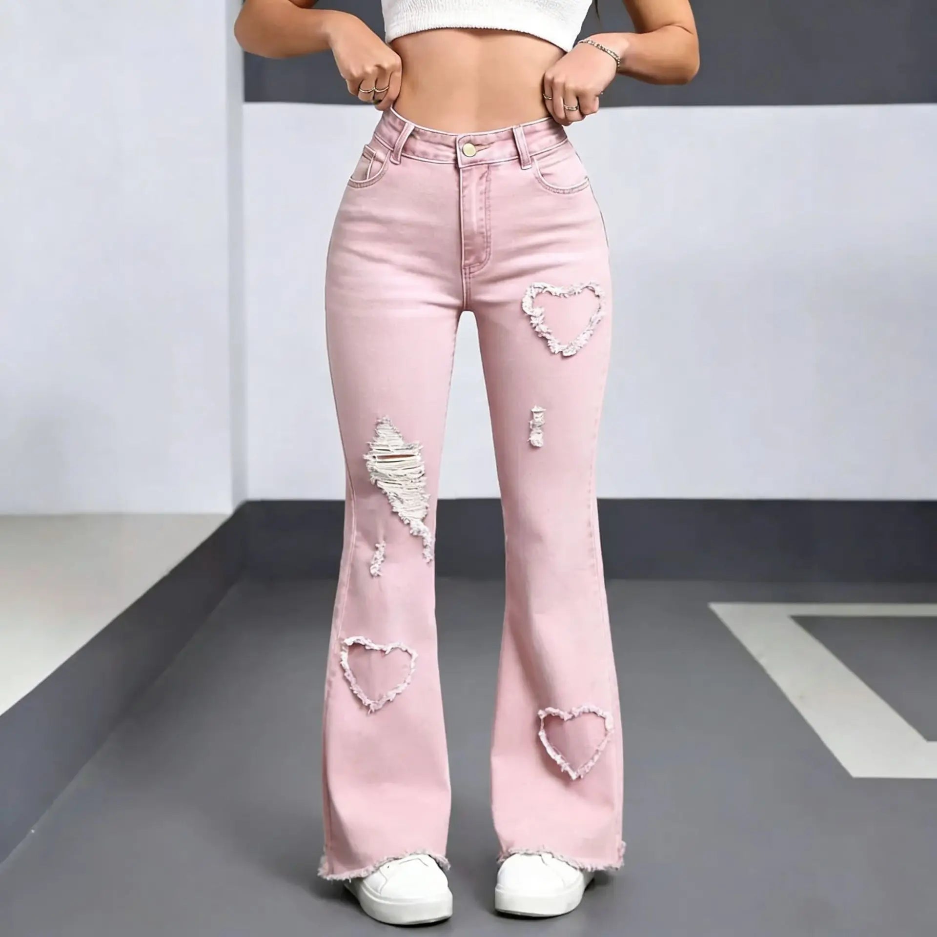 2026 Spring New Arrival Women's Pink Jeans, Blue Heart-Pattern Decorated Stretch Denim Trousers, Fashionable Flared Long Pants.